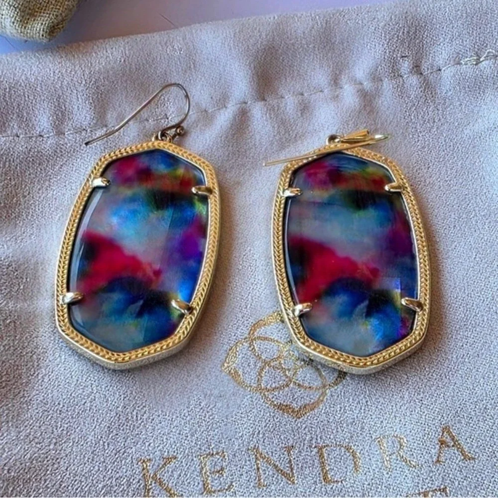 Kendra Scott Danielle‎ Gold Drop Earrings in Teal Tie Dye Illusion